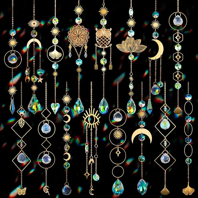 16 pcs Crystal Suncatcher, Colorful Suncatchers Sun Catchers Indoor Window Hanging Ornaments for Home Garden Ceiling Christmas Party Wedding Indoor Outdoor Decoration Prism Rainbow Maker