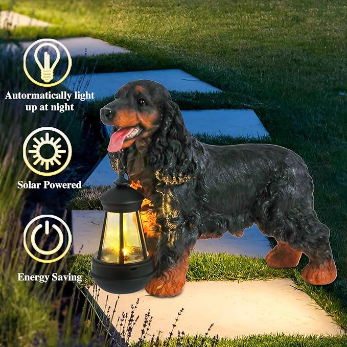 Afirst Solar Dog Statue Garden Decor- Outdoor Decor with Solar Lantern Lovely American Cocker Spaniel Figurine Patio Lawn Yard Art Ornaments Housewarming Gift