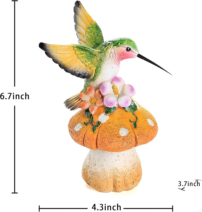Hummingbird Stand on Mushroom for Garden Decorations,Hummingbird Statue for Outdoor Backyard Yard Porch Patio Lawn Outside Indoor Home Shelf Decor Accents,Bird Sculpture Figurine
