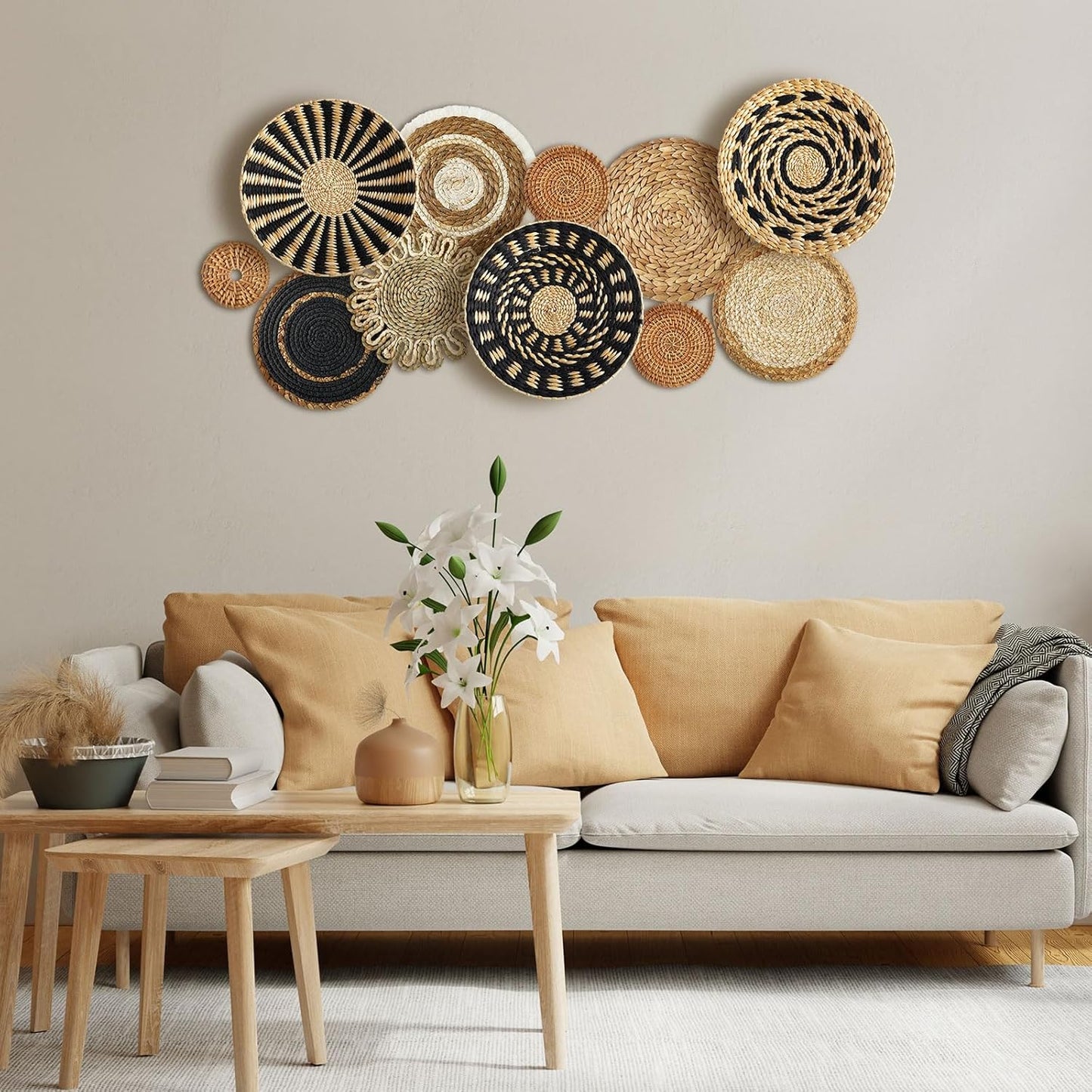 11 Pcs Boho Hanging Wall Basket Decor Handmade Woven Basket Wall Decorative Boho Wicker Baskets Placemats Round Farmhouse Bulrush Art for Rustic Home Decorations Christmas Gift(Assorted)