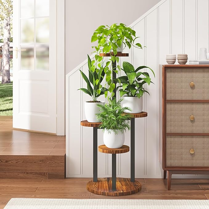 Bamworld 4 Tier Plant Stand Indoor Small Plant Shelf Outdoor Metal Tall Flower Holder Table Support Rack Garden Accessories for Plant Lovers(Brown)