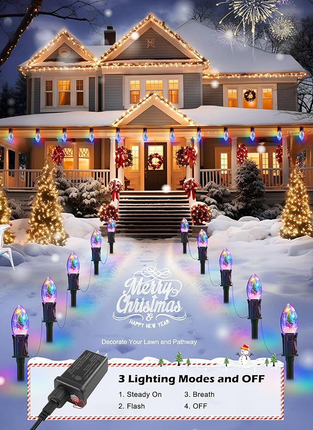 C9 Christmas Pathway Lights Outdoor, 45FT 40 LED Christmas String Lights with Stakes, 4 Light Modes, Waterproof Connectable Christmas Decorations for Outside Lawn Yard Sidewalk Driveway, Multicolor