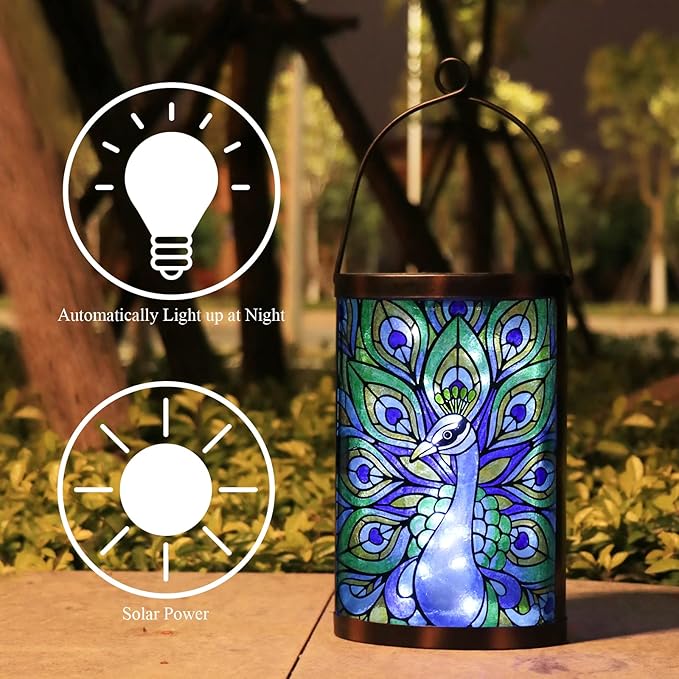 Hanging Solar Lantern Outdoor Waterproof LED Solar Lights Peacock Decorative Solar Lanterns Tabletop Lamp for Outdoor Patio Garden Yard Decor