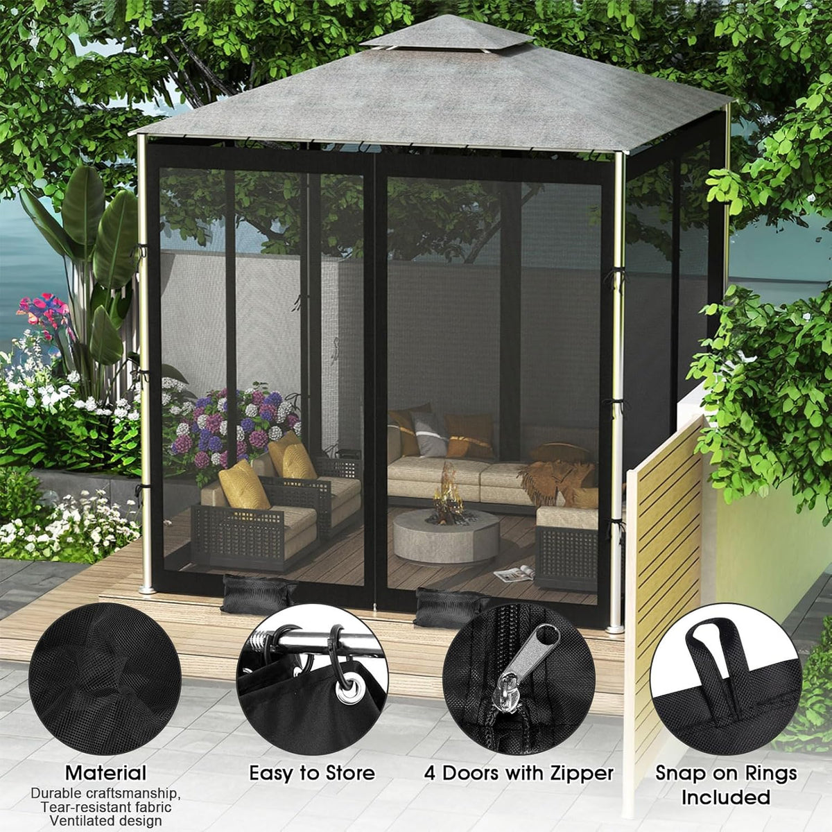 ShowyLive 12x12 Patio Umbrella Mosquito Netting with Zipper 4 Doors & 8 Weight Bag - Adjustable Polyester Mesh Bug Screen for Outdoor Umbrellas, Garden, Patio Tables (Black)