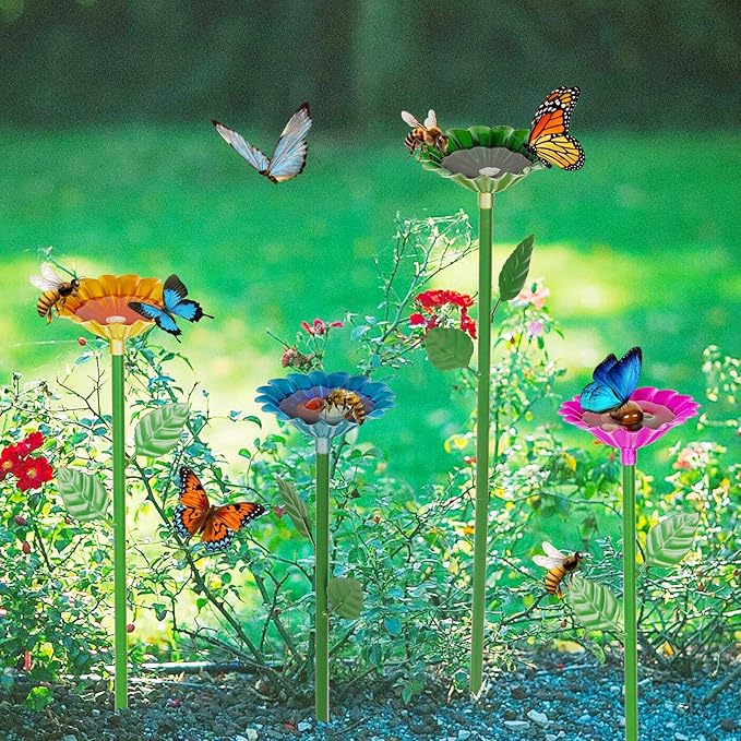 4 Pack Bee Watering Station, Bee Bath for Garden Metal Bee Water Feeder with Flower Design, Colorful Butterfly Bee Bath Bowl for Outdoor Garden Yard Decor (Red,Green,Blue,Yellow)