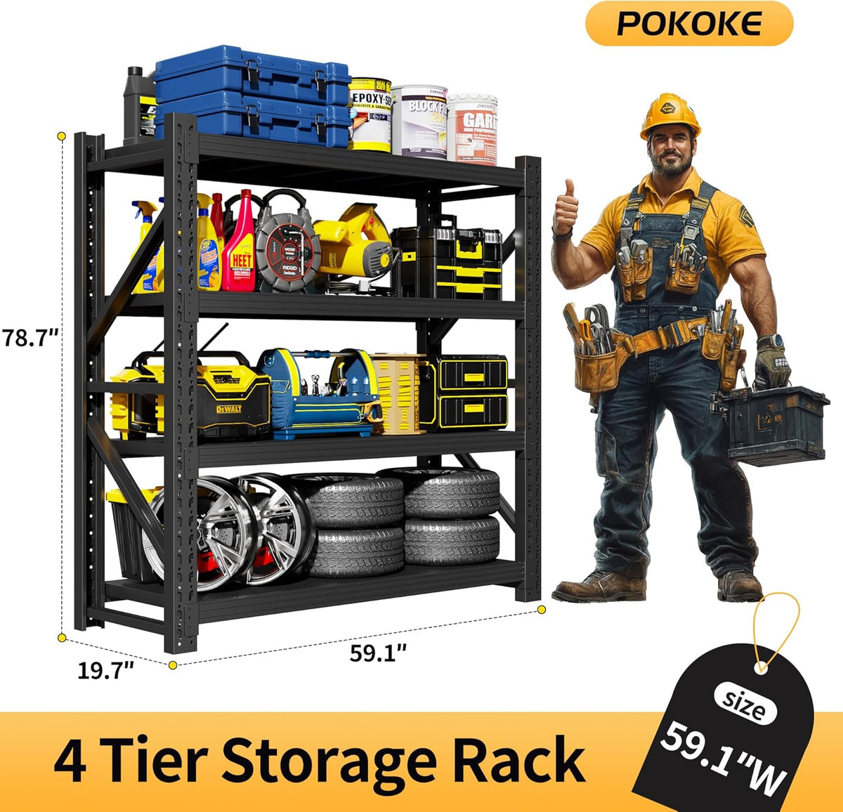 Garage Shelving Unit, 4 Tier Heavy Duty Racks, Easy Assembly, Metal Racks with Adjustable Shelves, 3000 LBS Load Capacity,for Warehouse,Basement (Black, 19.7" D x 59.1" W x 78.7" H)