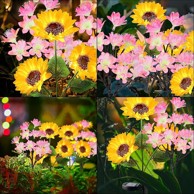 4 Pack Flower Solar Lights Outdoor Waterproof IP 65, Solar Sunflowers Peachblossom Lights Garden Decorative Yard Patio Landscape Stake Lights