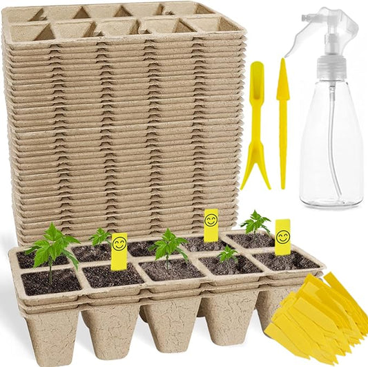 400Cells Seedling Start Trays with Drain Holes,40pcs Peat Pots Seedling Pots Biodegradable,Seedling Starter Kit,Organic Germination Plant Starter Trays(400xLabels,2xTransplant Tools,1xSpray Bottle)