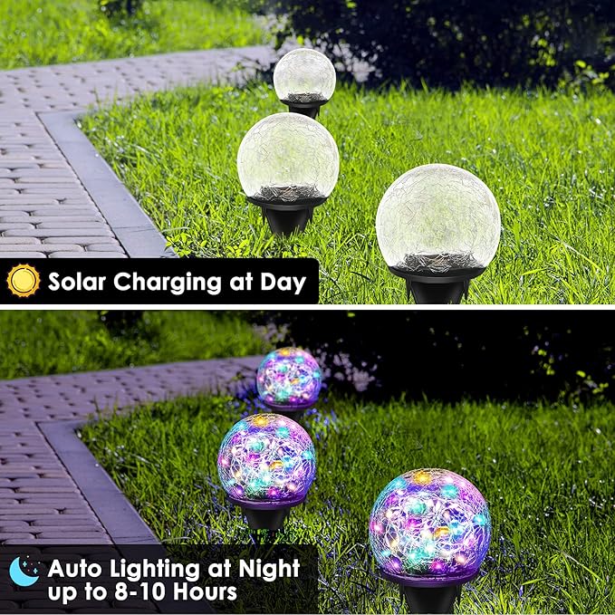 2 Pack 60 LED Garden Solar Lights Outdoor Decorative, Colored Cracked Glass Solar Globe Lights, Upgraded Waterproof Multicolor Ball Lights for Yard Pathway Patio Lawn Outside Decor