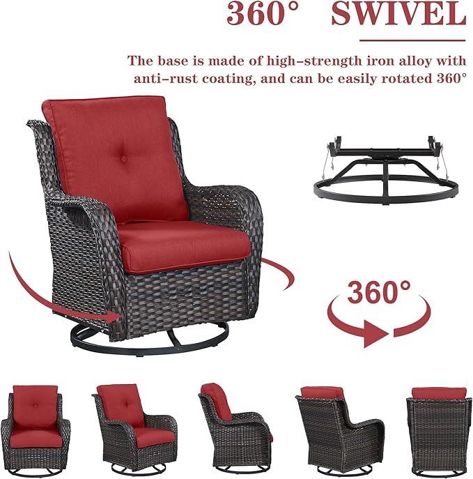 5 Pieces Patio Wicker Furniture Set - 4 Outdoor Swivel Rocker Glider Chairs with 50000BTU Propane Fire Pit Table, Warm Patio Conversation Set Red Cushion Perfect for Casual Gathering