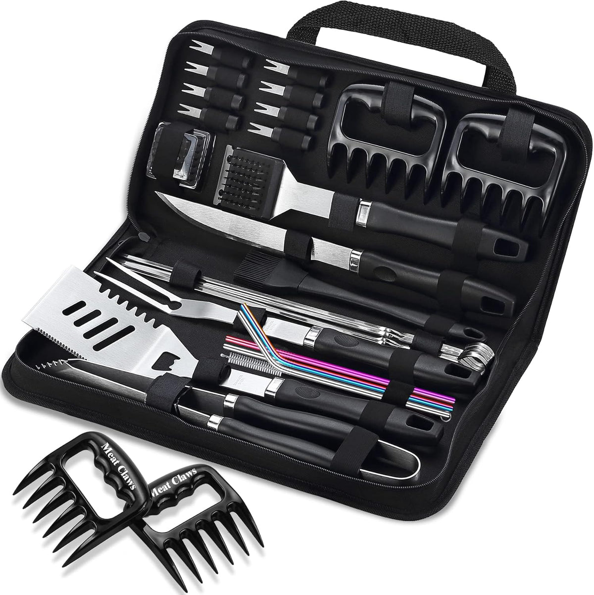 ROMANTICIST 27pcs Heavy Duty Grilling Gifts for Men Dad Fathers Day, Extra Thick BBQ Accessories Tools Set, Stainless Steel Grill Utensils Kit with Meat Claws, Carrying Bag for Outdoor Camping Black