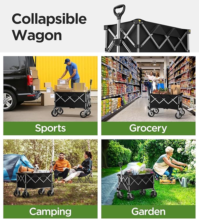Beach Wagon,Collapsible Wagon 220lbs with Big Wheels FoldableWagon Carts,Portable Utility for Garden Grocery Sports Camping All Terrain-Black