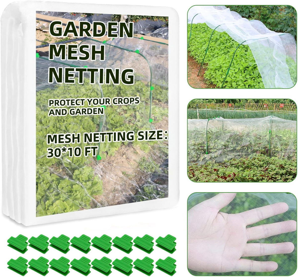 Garden Netting Mesh, 10X30 FT Garden Netting with 16 Cilps & Ultra Fine Mesh Net Bird Barrier Protection for Garden Vegetables Flowers Shrubs Fruit Trees Indoors & Outdoors Plant Beds Greenhouse