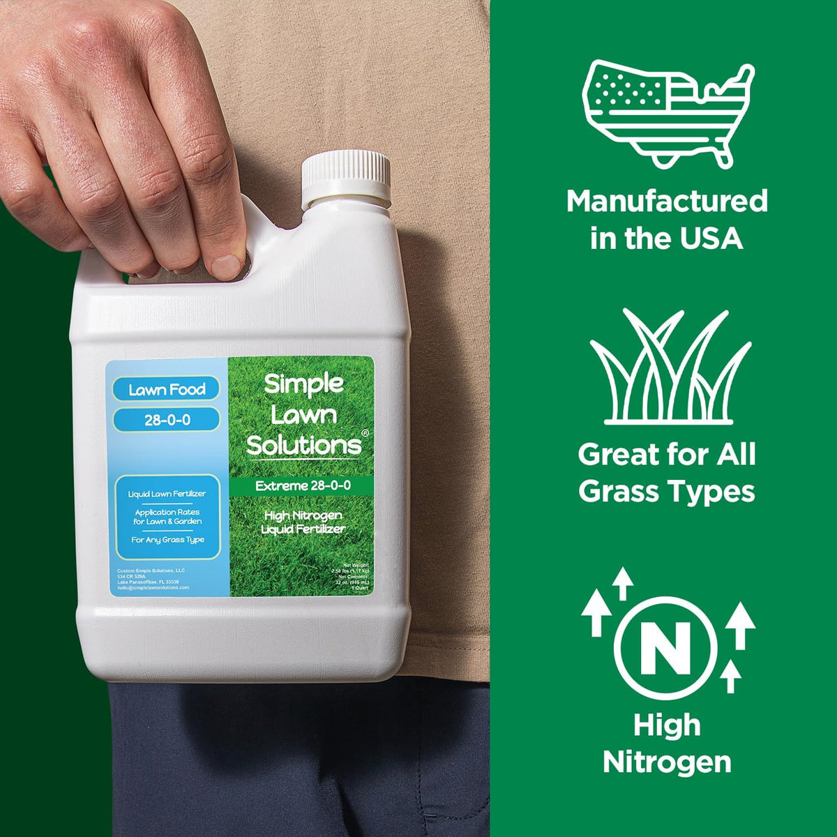 Maximum Green & Growth- High Nitrogen 28-0-0 NPK- Lawn Food Quality Liquid Fertilizer- Spring & Summer- Any Grass Type- Simple Lawn Solutions - Concentrated Quick & Slow Release Blend (1 Quart)