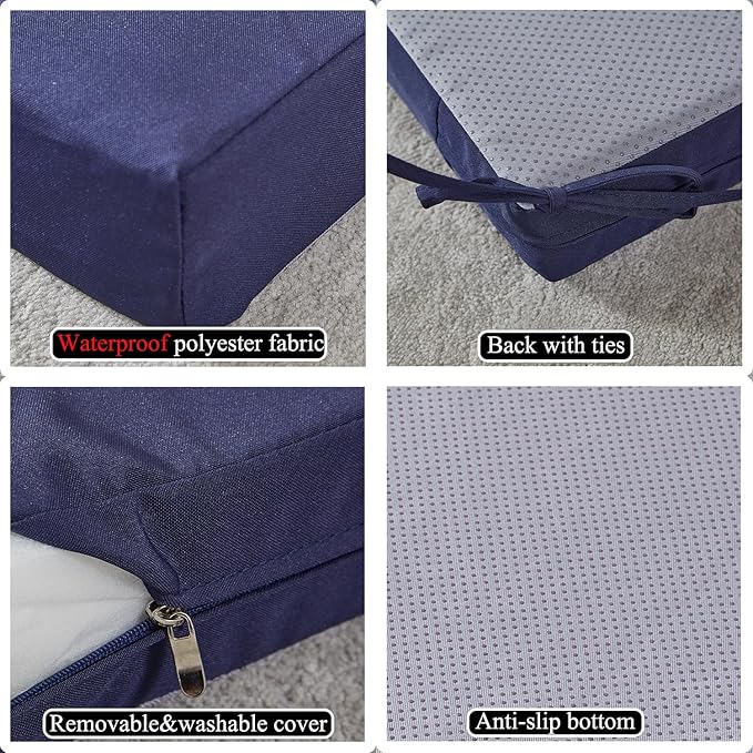 18 x 18 Inch Outdoor Chair Cushions for Patio Furniture, UV Resistant Non Slip Waterproof Replacement Patio Seat Cushion with Ties Set of 2, Navy Blue