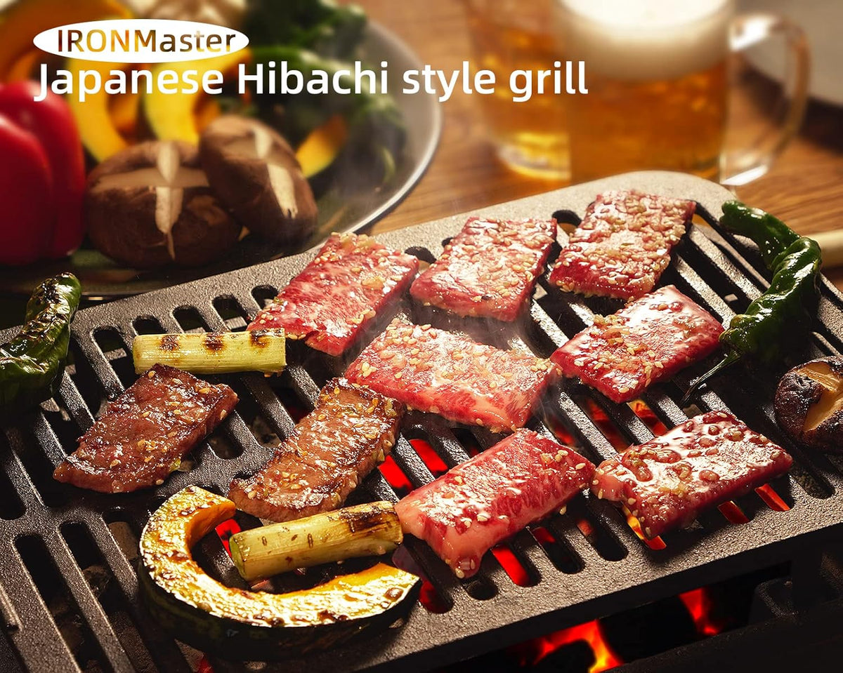 IronMaster Hibachi Grill Outdoor, Small Portable Charcoal Grill, Pre-Seasoned Cast Iron, Japanese Yakitori Camping Grill - 2 Heights, Air Control, Coal Door