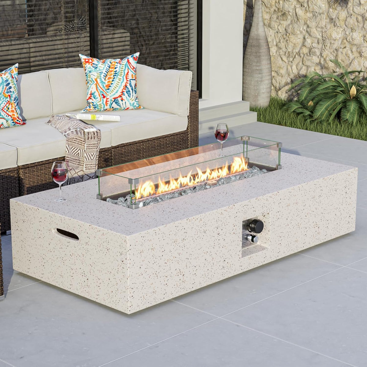COSIEST Outdoor Propane Fire Pit Table, 56" x 28" Rectangle Terrazzo White Concrete-Like Finish, CSA Certified, 50,000 BTU Stainless Steel Burner w Transparent Gray Fire Glass, Wind Guard, Raincover