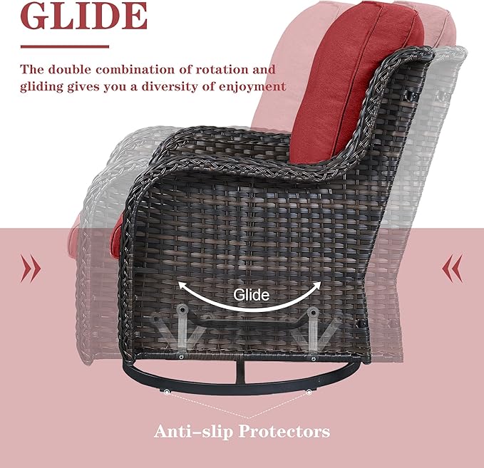 5 Pieces Patio Wicker Furniture Set - 4 Outdoor Swivel Rocker Glider Chairs with 50000BTU Propane Fire Pit Table, Warm Patio Conversation Set Red Cushion Perfect for Casual Gathering