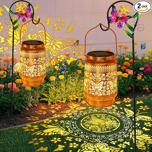 2 Pack Solar Lanterns Outdoor Garden Decor with Shepherd Hook, Gardening Gifts for Mom Grandma Women Butterfly Metal Decor Lantern Waterproof Solar Lights LED Decorative for Garden Yard Patio