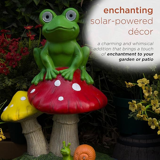 Alpine Corporation ZEN390SLR-L Frog on Mushroom Statue with LED Lights, Solar-Powered LED Frog Garden Statue, 24" H, Green