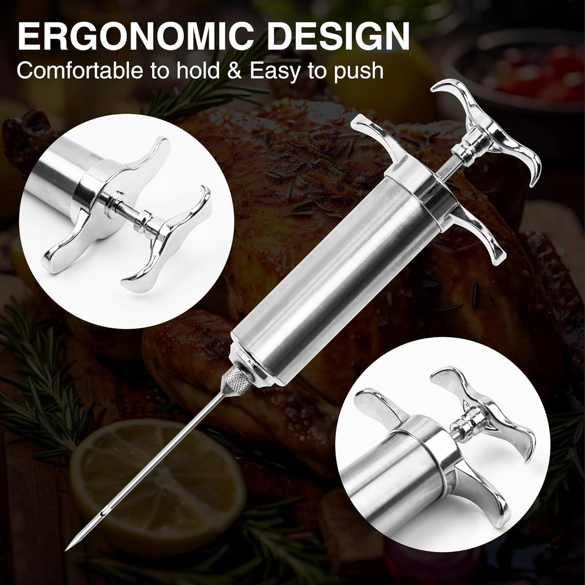 Meat Injector Syringe Kit, Flavor Injector with 3 Marinade Needles, Stainless Steel Kitchen Food Injection Syringe for Turkey Cooking
