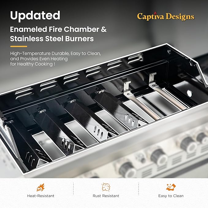 Captiva Designs 6-Burner Propane Gas BBQ Grill with Side Burner & Porcelain-Enameled Cast Iron Grate and Plate for Outdoor Barbucue Events, 52,000 BTU Output,740 SQ.IN. Cooking Area，Heavy Duty