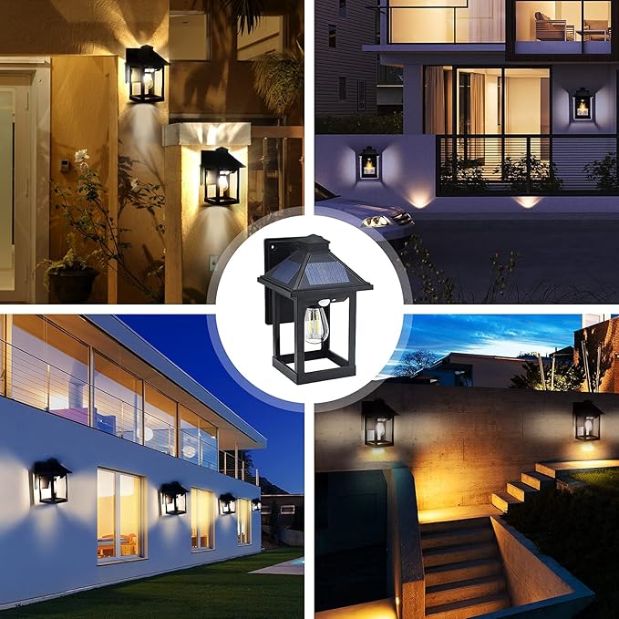 2 Pack Solar Wall Lantern Lights Outdoor Dusk to Dawn Motion Sensor Waterproof LED Wall Sconce Exterior Porch Light Fixtures Warm White, 3 Lighting Modes for Fence Patio Garage Garden Yard
