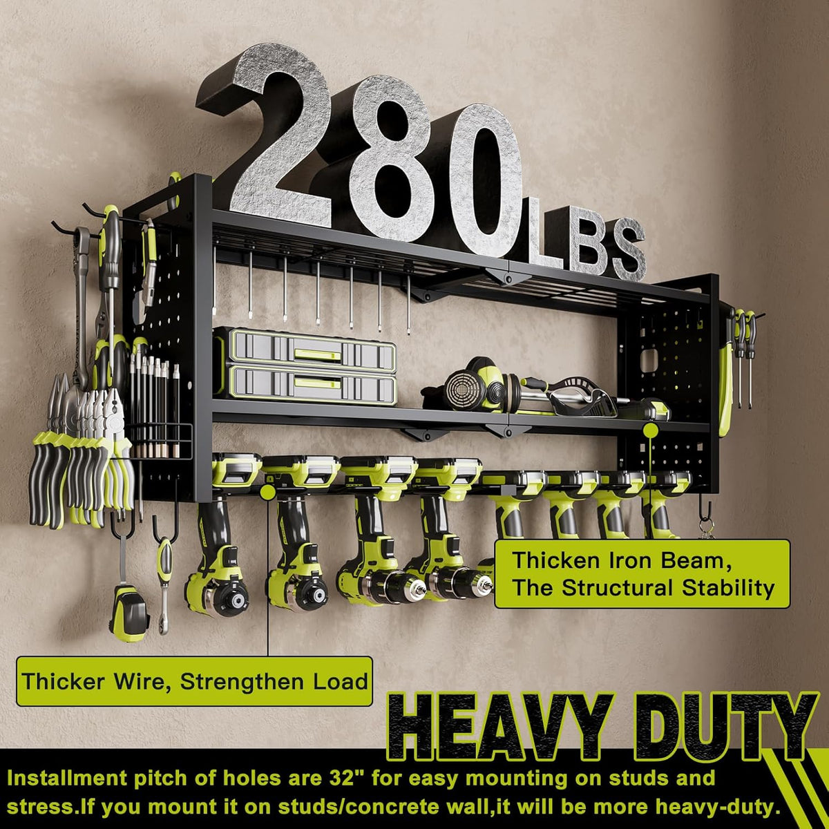 Power Tool Organizer Wall Mount,Cordless Drill Hanger Storage Rack 8 Drill Holder,3 Layers Heavy Duty Power Tool Storage Rack (Black)
