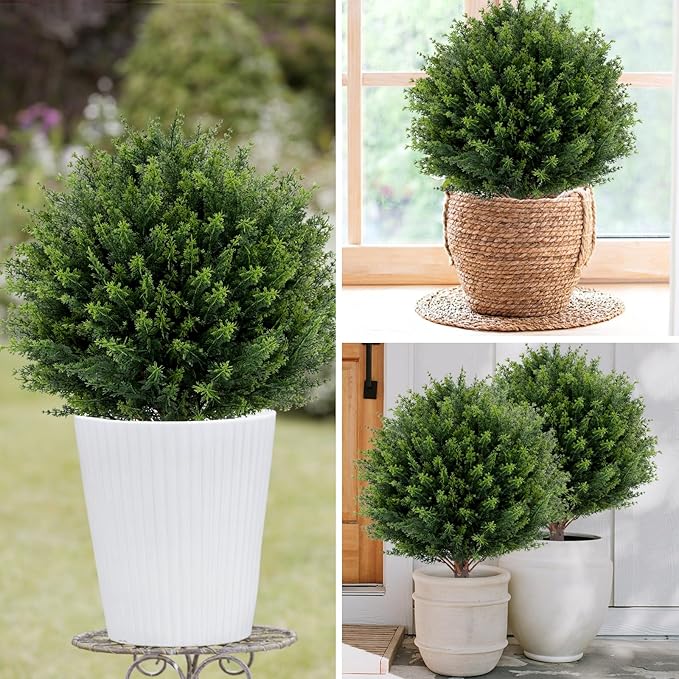 Artificial Cedar Topiary Ball Tree 23" with Ground Spike, Set of 2 Artificial Boxwood Bushes for Faux Shrubs, Fake Evergreen Faux Plant for Indoor Outdoor Porch Garden- UV Resistant – Fade-Proof