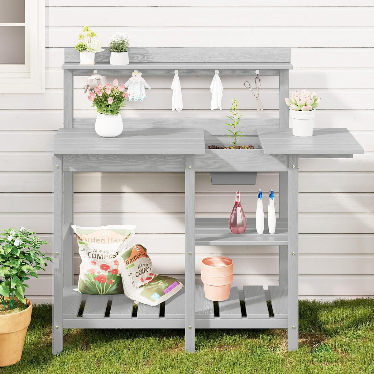 SERWALL Potting Bench Set of 2 Outdoor Potting Table with Sink, HDPE Potting Benches for Outside Gardening Table All Weather Use- Spanish Gray