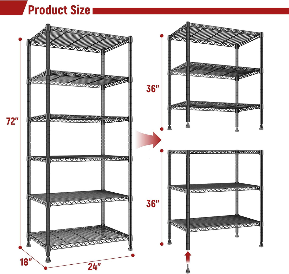 REIBII 72’’H Wire Shelving, 6 Tier Metal Shelving Units and Storage Shelves, Adjustable Garage Shelving for Storage Heavy Duty Shelving for Pantry Shelf Kitchen Garage, 24’’W X18’’D X72’’H