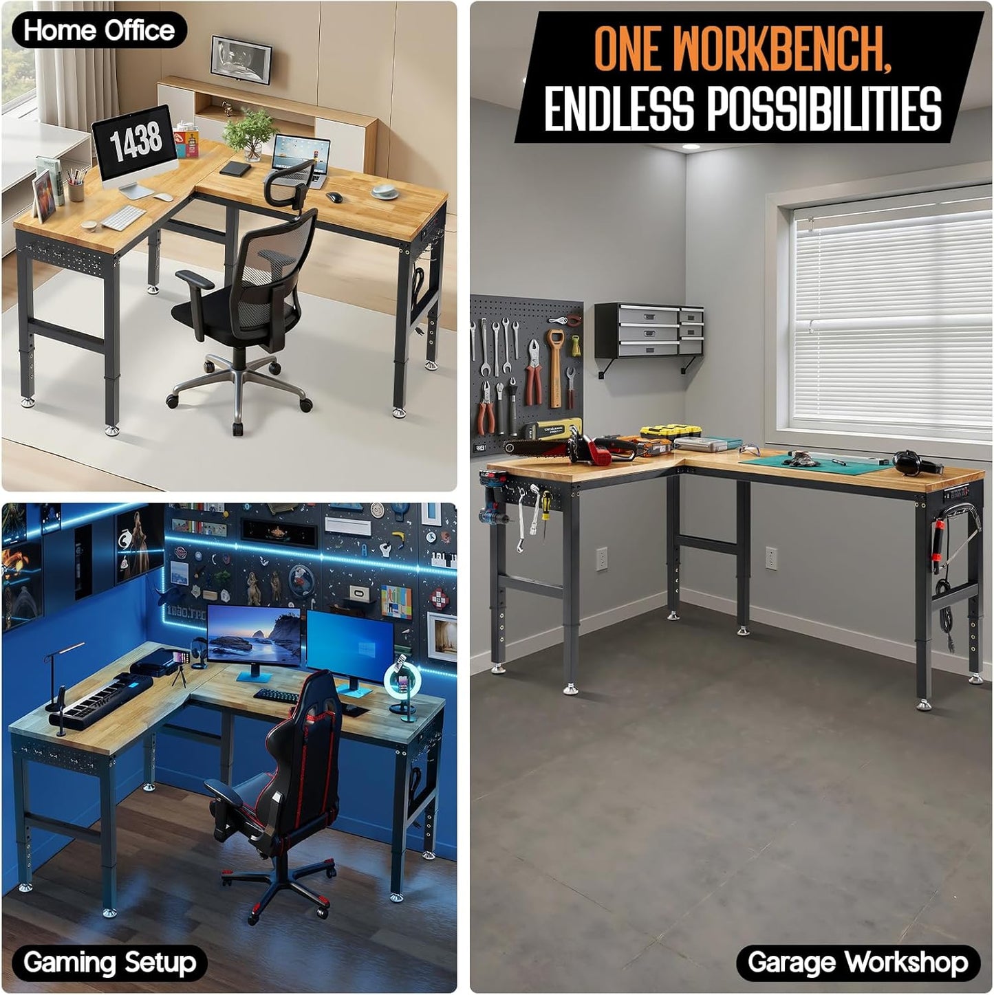 Albott 68"x48" L-Shaped Adjustable Workbench with Storage & Power Strip, Heavy Duty Tool Bench for Woodworking, Garage, Workshop, Home Office, 6000LBS Load, Pegboard & Hooks, ETL Certified