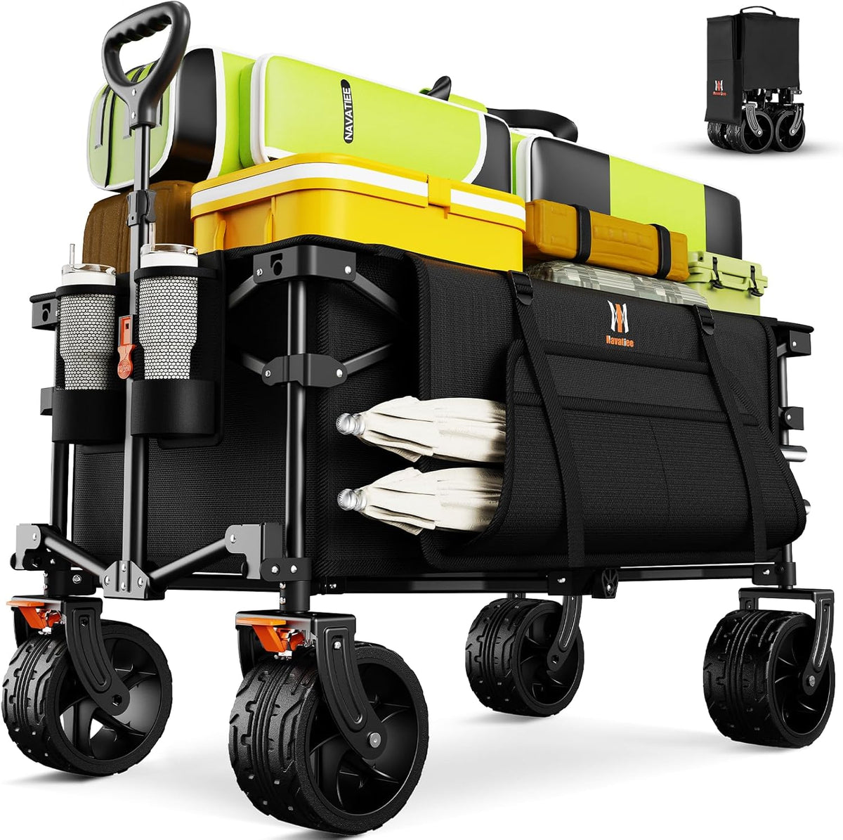 Navatiee Big Wheels Collapsible Wagon Cart Foldable, Heavy Duty Beach Wagon with Silent All-Terrain Wheels, Folding Utility Grocery Cart with Side Pocket and Brakes for Camping Garden Sports, Black