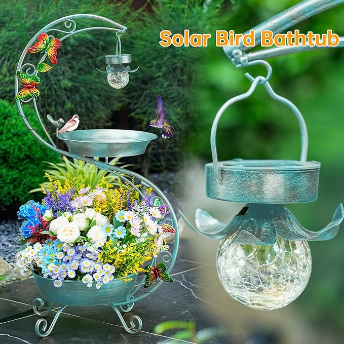 Bird Bath for Outside with Solar Lamp, 36" Birdbaths for Outdoors with Planter Flower Pot, Metal Bird Bath Bowl for Garden Yard Decor (All Blue Green)