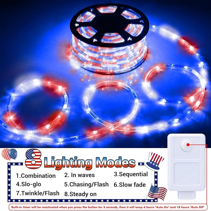 200ft LED Rope Lights Outdoor, 1440 LED Flexible Tube Lights with 8 Modes, Waterproof LED Rope Lighting for Independence Flag Day, Memorial Day, National Day, Outdoor,Indoor Decor (Red & White & Blue)