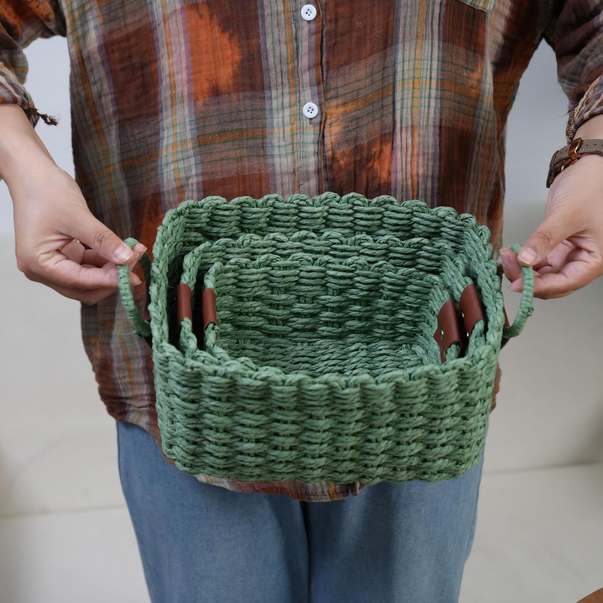 Small baskets for Organizing,Cute woven Storage basket with recycled paper rope for Shelves Bathroom,Little decorative basket,Set of 3 (Dark Green)
