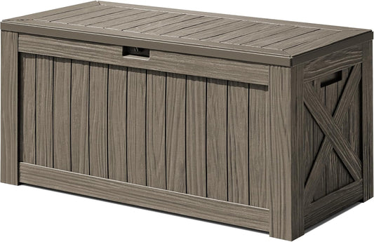Greesum 120 Gallon Deck Box, Resin Outdoor Storage Container for Patio Furniture, Garden Tools, Pool Accessories, Weatherproof, Lockable, Coffee