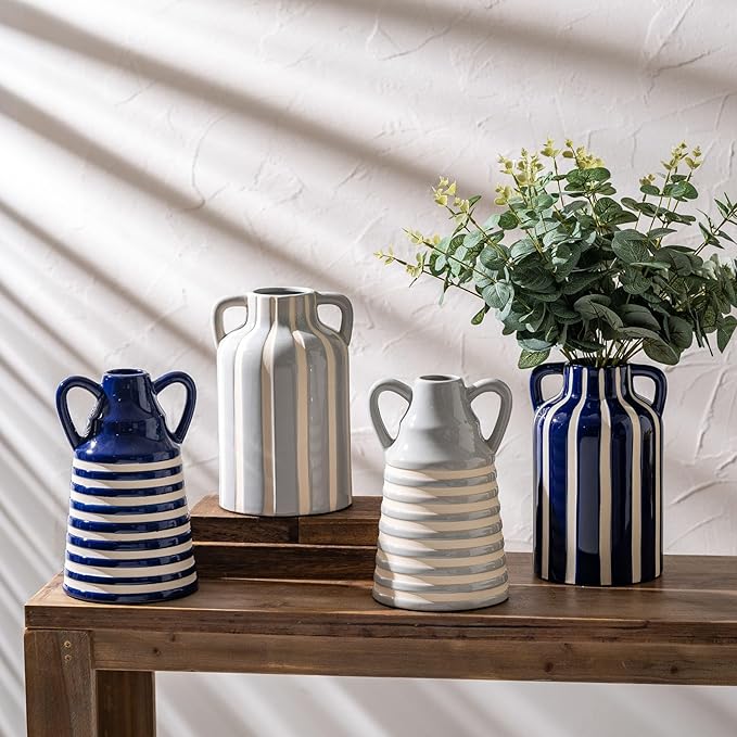 Ceramic Blue and White Checkered Stripes Vase with Handles, Modern Bohemian Floral Navy Blue Vases for Centerpieces, Cottage Core Home Decor, Flower Vases for Bouquet Mantle Bedroom Bookshelf 9.1 in