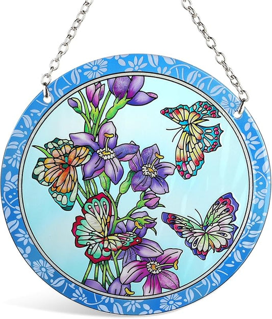 Butterfly Stained Glass Window Hanging - Butterfly Gifts for Women, Birds Suncatchers for Windows - Birds Window Hangings with Chain and Hook, 6 inch Stained Glass Suncatcher for Mom