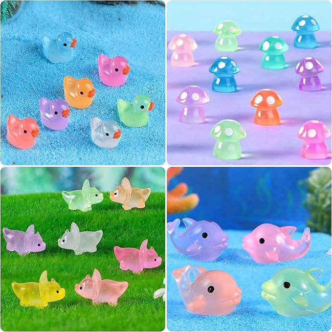 148Pcs Luminous Mini Resin Animals, Tiny Ducks Glow in The Dark Dolphins Dinosaurs Mushrooms 4 Combination Resin Set, Miniature Figures for Garden Decoration Aquarium Home Party Decor
