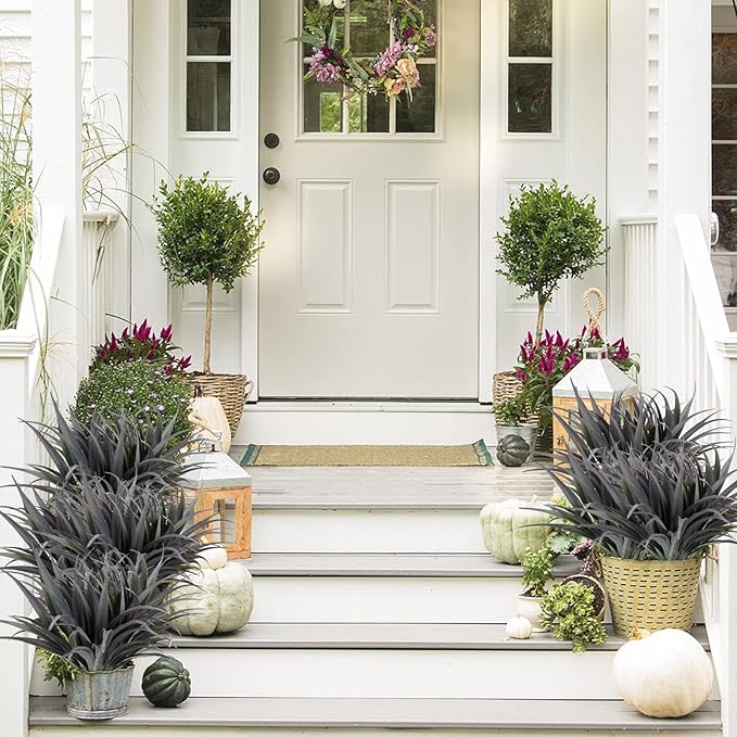 16Pcs Artificial Grass Fake Plants 17.3in Outdoor Plants UV Resistant Faux Greenery Stems Fake Grass for Home Window Garden Office Patio Pathway Front Porch Décor Green & Black