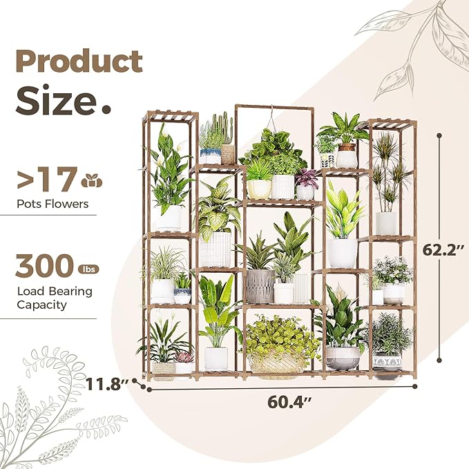 Bamworld Large Plant Shelf Plant Stand Indoor Hanging Tall Outdoor Plant Holder Wood for Multiple Plants Plant Rack for Living Room Garden Balcony Flower 17 Pots Wide