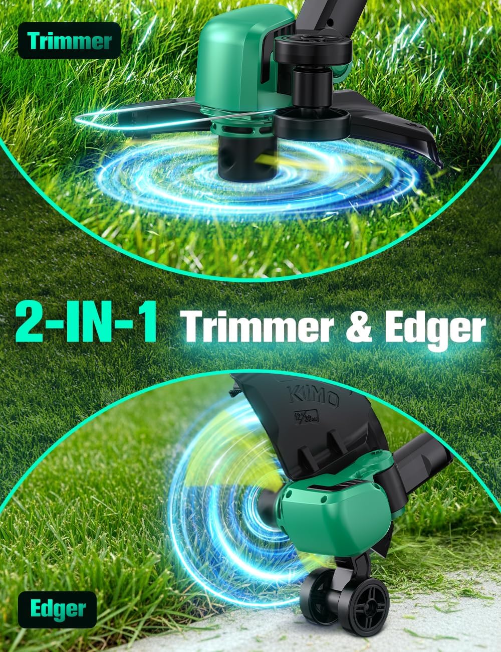 KIMO 20V Weed Wacker and Blower Combo w/2 x 2.0Ah Battery & Charger, 12 Inch String Trimmer w/10Pcs Cutting Lines, 4-in-1 Leaf Blower Cordless w/Vacuum, 3 Nozzles & 20" Extended Tube for Yard, Garden