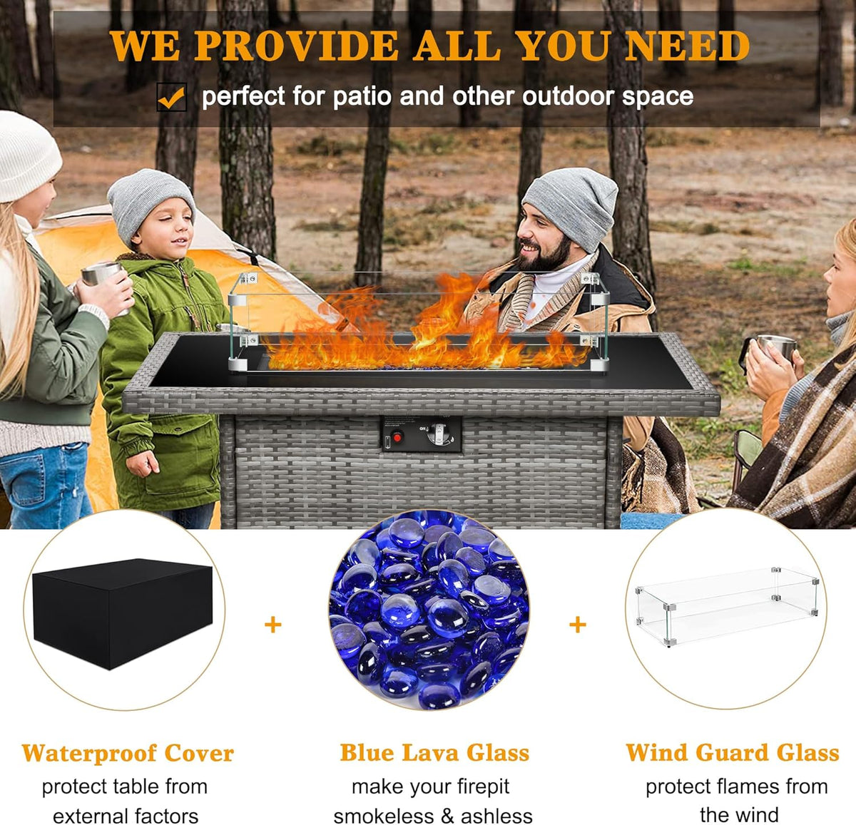 LayinSun 44" Propane Gas Fire Pit Table, 55000 BTU Rectangular Fire Pit with Glass Wind Guard for Outside Patio Deck Garden Backyard