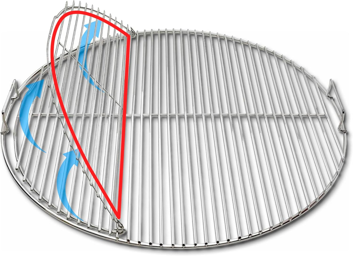 SnS Grills Slow ‘N Sear EasySpin Charcoal Grill Cooking Grate - Compatible with Weber and Other Grills, 2-Zone Stainless Steel Hinged Replacement - Tailgating & Backyard Cooking - 24” Inches