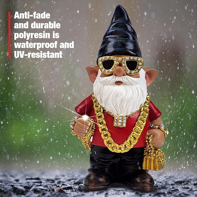 Better Office Products Garden Gnome Statue, 12" Height, Handcrafted Waterproof, UV-Resistant Polyresin Lawn Patio Porch Ornament Decoration (Bling Rapper with Solar Light)