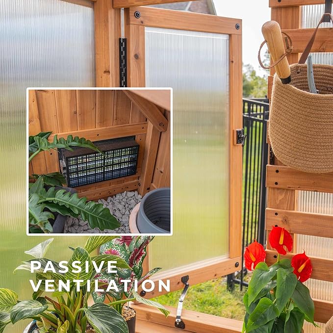 Backyard Discovery Willow 9' x 6' Cedar Wood and Polycarbonate Walk-in Greenhouse Kit with Exhaust Fan, Windows, Hose Hook-Ups, PowerPort, Staging Shelves for Year-Round Outdoor Gardening