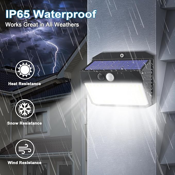Solar Lights, 150 LED Outdoor 2 Pack, Motion Sensor, IP65 Waterproof, 3 Modes, Solar Powered, for House, Garden, Fence, Patio, Garage