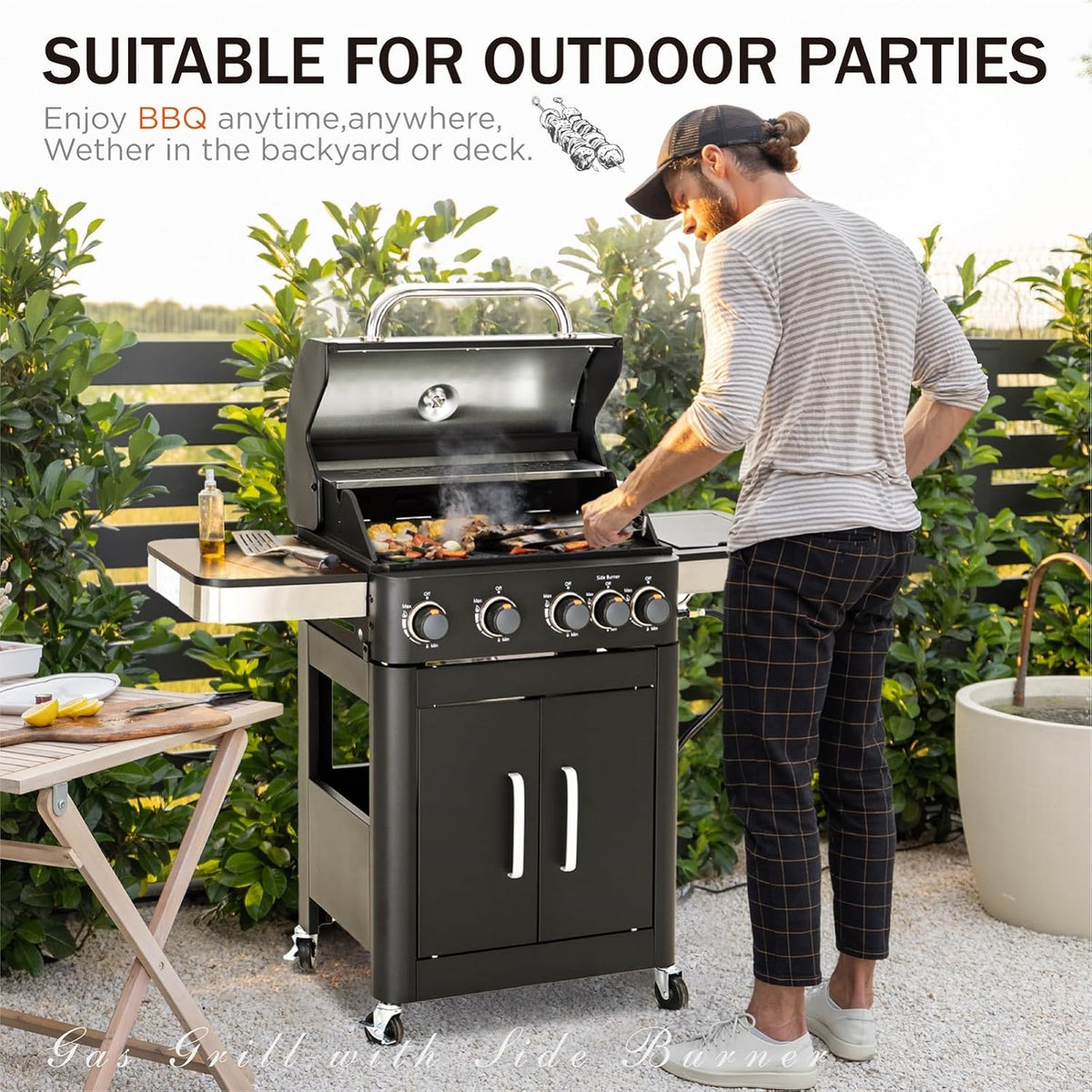 Sophia & William 4-Burner Gas BBQ Grill with Side Burner & Porcelain-Enameled Cast Iron Grates, Outdoor Cooking Propane Grills Cabinet Style Garden Barbecue Grill, 46,700BTU, Black