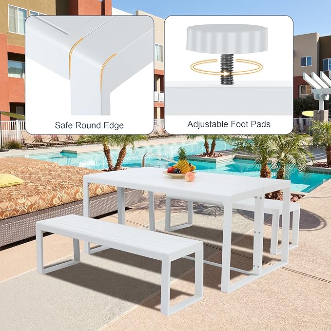 Aoodor 3-Piece Outdoor Patio Dining Set, Aluminum Furniture Set with 1 Rectangular Picnic Table and 2 Benches for Garden, Lawn, Yard